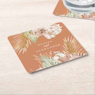 Boho Terracotta Tropical Floral and Palm wedding Square Paper Coaster