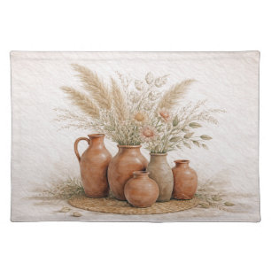 Boho Terracotta Vase Pampas Grass Floral Cloth Placemat