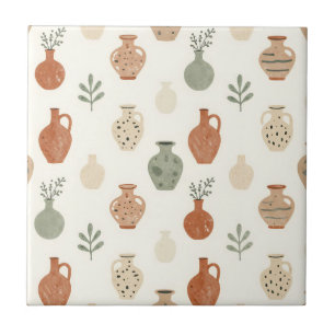 Boho Terracotta Vases Botanical Pattern Ceramic Tile