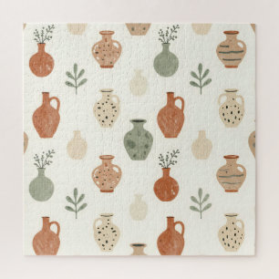 Boho Terracotta Vases Botanical Pattern Jigsaw Puzzle
