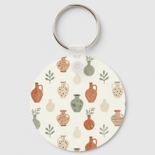Boho Terracotta Vases Botanical Pattern Keychain (Front)