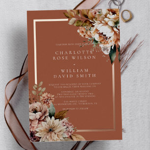Boho Terracotta Watercolor Flowers Autumn Wedding Foil Invitation