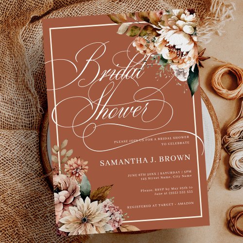 Boho Terracotta Watercolor Flowers Bridal Shower Invitation