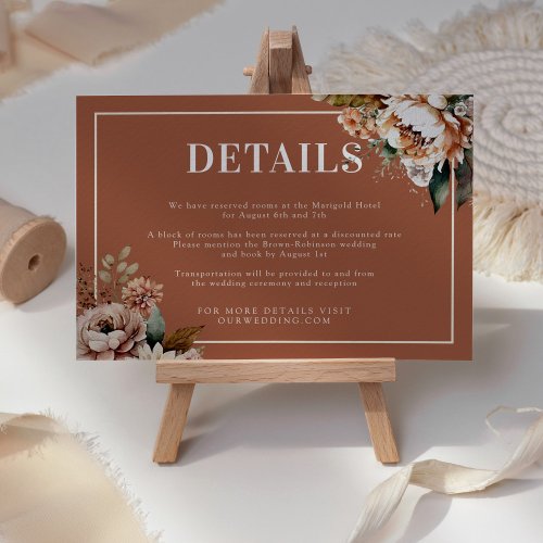 Boho Terracotta Watercolor Flowers Wedding Details Enclosure Card