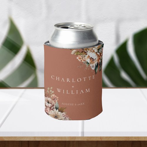 Boho Terracotta Watercolor Flowers Wedding Favors Can Cooler