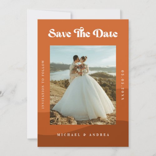 Boho Terracotta Waves  Retro Typography Wedding Save The Date