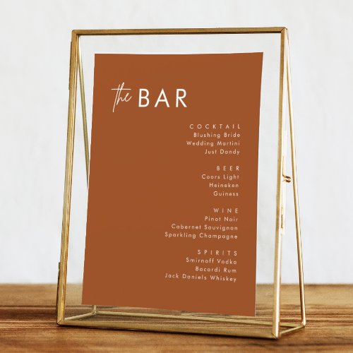 Boho Terracotta Wedding Drinks Bar Menu Cards