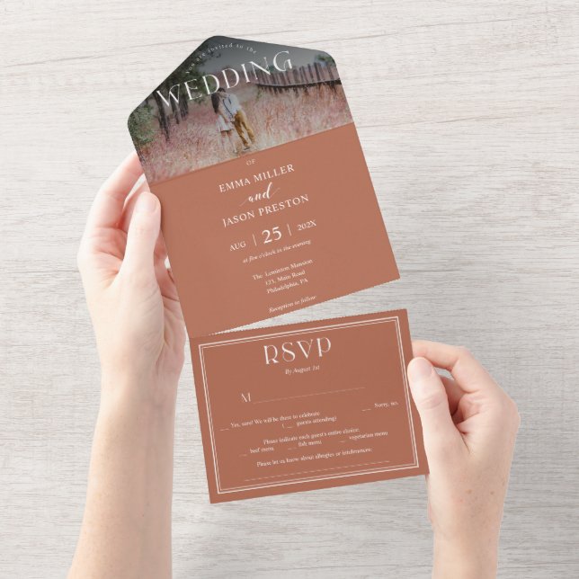 Boho Terracotta Wedding Invitation with photo (Tearaway)