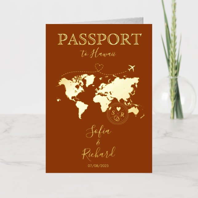 Boho Terracotta Wedding Passport World Map Hawaii Foil Greeting Card (Front)