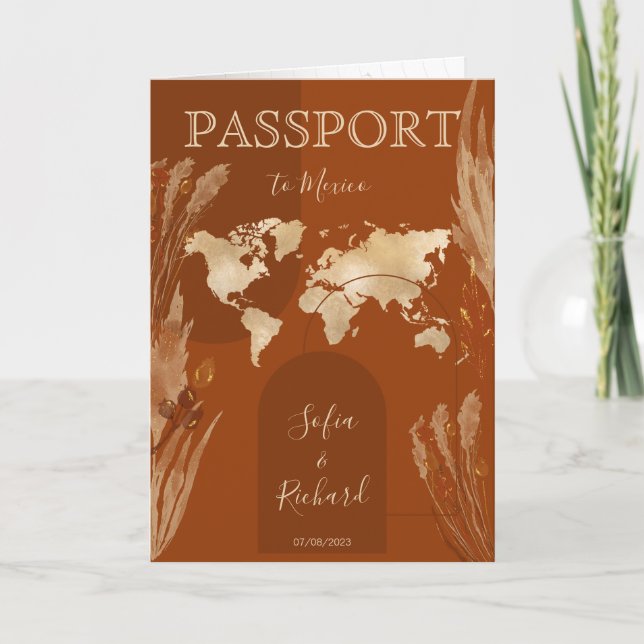 Boho Terracotta Wedding Passport World Map Invitation (Front)