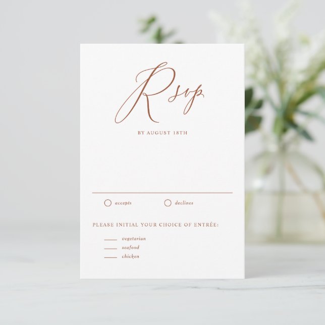 Boho Terracotta Whimsical Calligraphy Wedding RSVP Card (Standing Front)