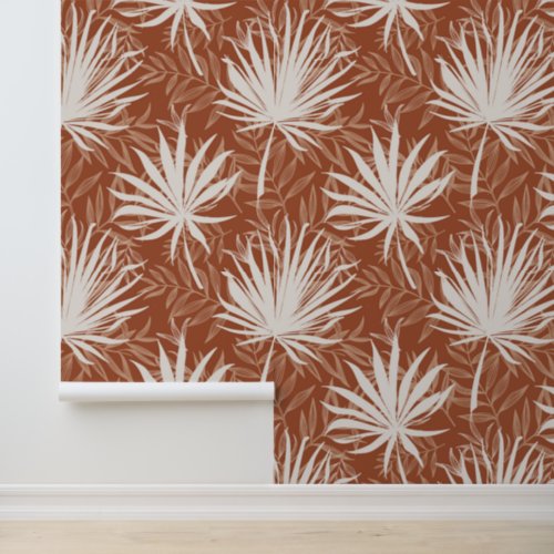 Boho Terracotta White Palm Leaf Print Pattern Wallpaper