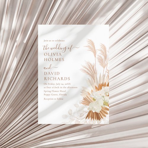 Boho Terracotta White Pampas Grass Orcids Wedding Invitation