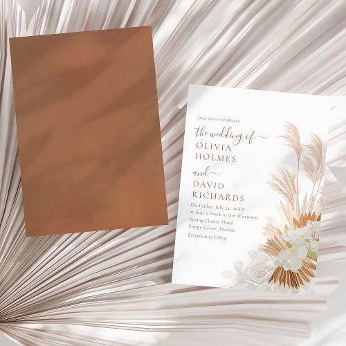 Boho Terracotta White Pampas Grass Orcids Wedding Invitation