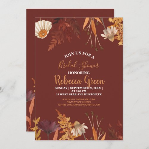 Boho Terracotta Wildflower Autumn Bridal Shower Invitation