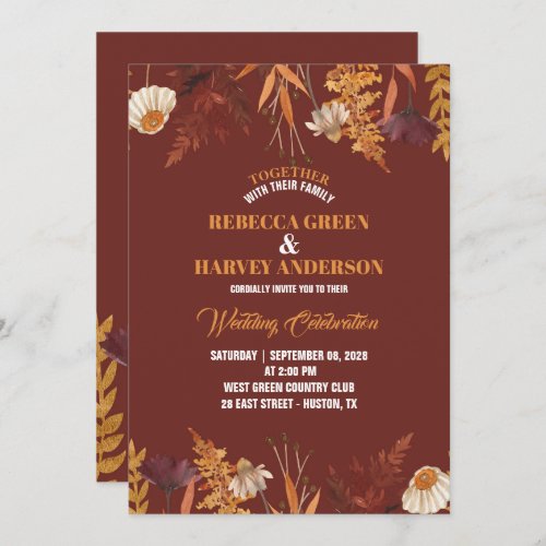 Boho Terracotta Wildflower Autumn Fall Wedding Invitation