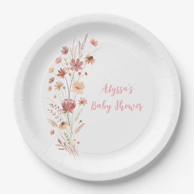 Boho Terracotta Wildflower Baby Shower Paper Plates (Front)