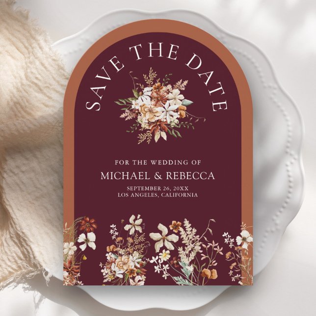 Boho Terracotta Wildflower Burgundy Wedding Photo Save The Date (Creator Uploaded)