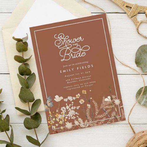 Boho Terracotta Wildflower Butterfly Bridal Shower Invitation