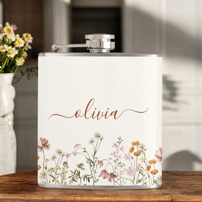 Boho Terracotta Wildflower Monogram Name Flask (Creator Uploaded)
