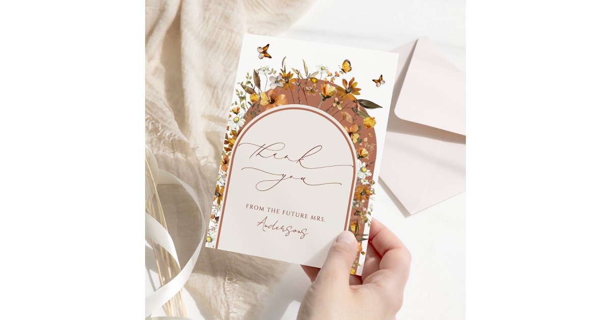 Boho Terracotta Wildflowers Arch Bridal Shower Thank You Card | Zazzle