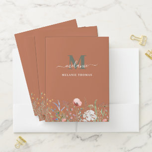 Boho Terracotta Wildflowers Custom Name Monogram Pocket Folder