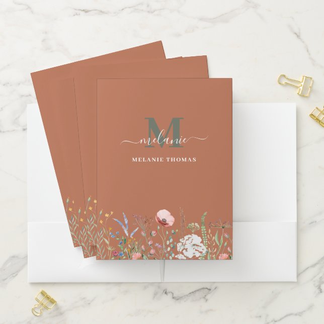 Boho Terracotta Wildflowers Custom Name Monogram Pocket Folder (In Situ)
