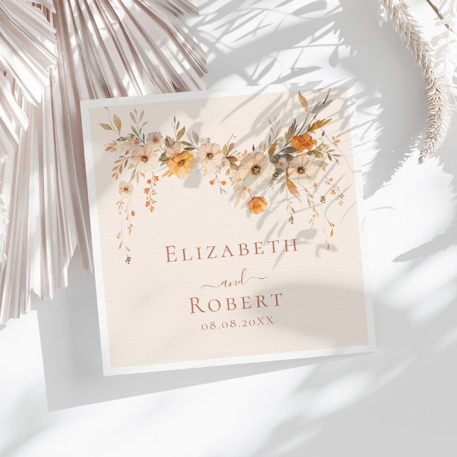 Boho Terracotta Wildflowers Fall Wedding Napkins (Boho Terracotta Wildflowers Fall Wedding Napkins on a sunny table with boho white dry flowers.)