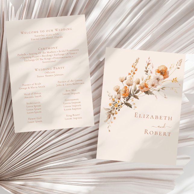 Boho Terracotta Wildflowers Fall Wedding Program (Boho Terracotta Wildflowers Fall Wedding Program (front and back) on a sunny neutral dry palm leaf)