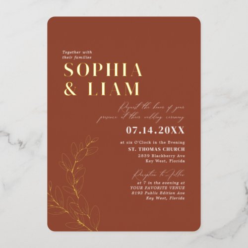 Boho  Terracotta With RSVP QR Code Wedding Foil Invitation