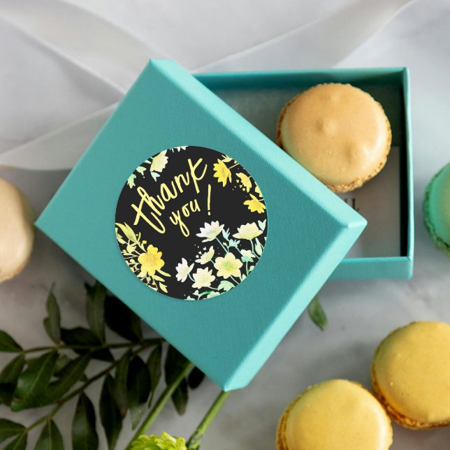 Boho Thank You Spring Green Yellow Black Floral Classic Round Sticker (Creator Uploaded)