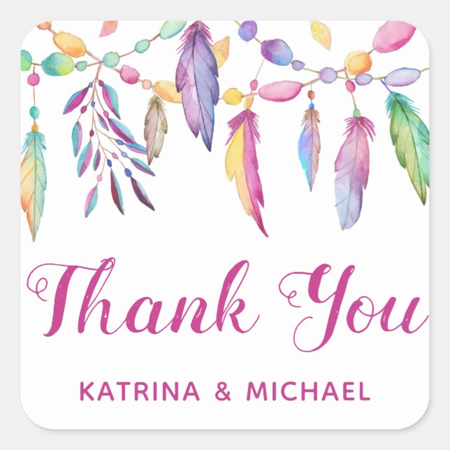 Boho Thank You Watercolor Feather Indian Southwest Square Sticker (Front)