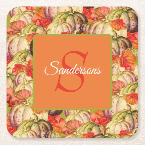 Boho Thanksgiving Fall Decor Watercolor Pumpkin Square Paper Coaster