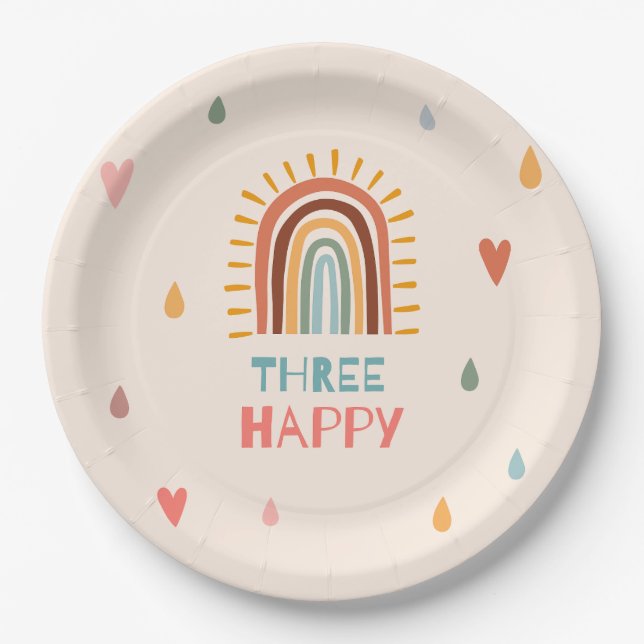 Boho three third Birthday Rainbow  Paper Plates (Front)