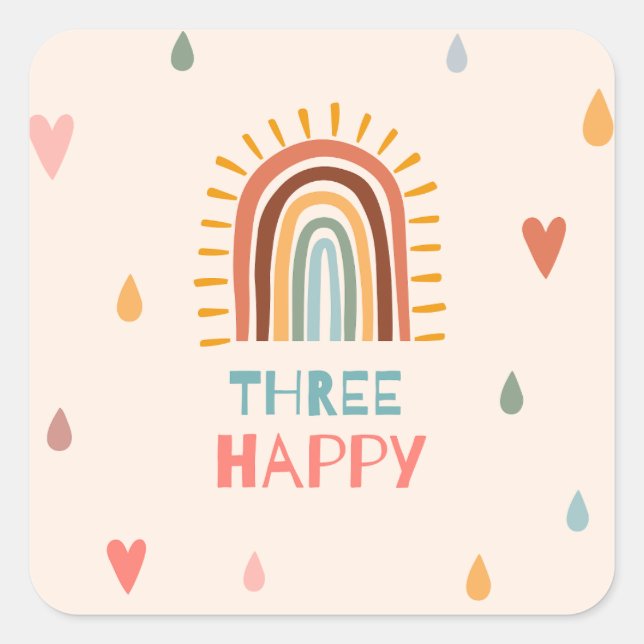 Boho Three Third Birthday Rainbow  Square Sticker (Front)