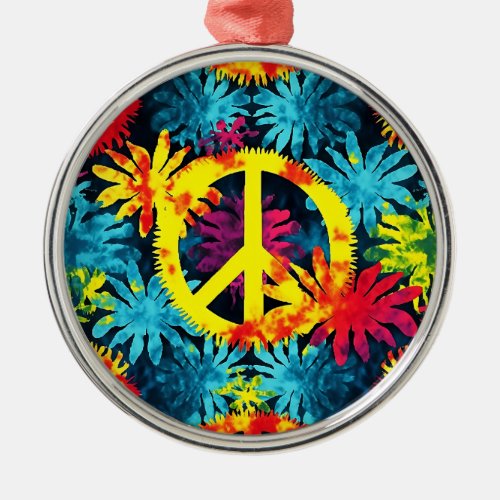 Boho Tie Dye Flower Peace Symbol Hippie Style  Metal Ornament