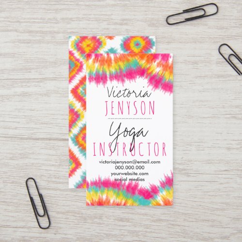 Boho tie dye pink teal watercolor yoga instructor business card