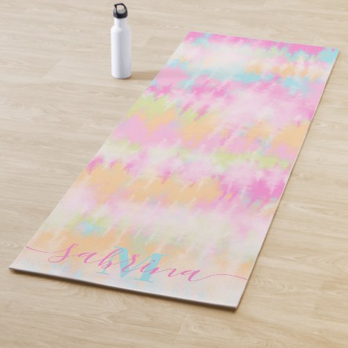 Boho tie dye rainbow watercolor girly monogrammed yoga mat