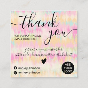 Boho tie dye watercolor pink order thank you square business card