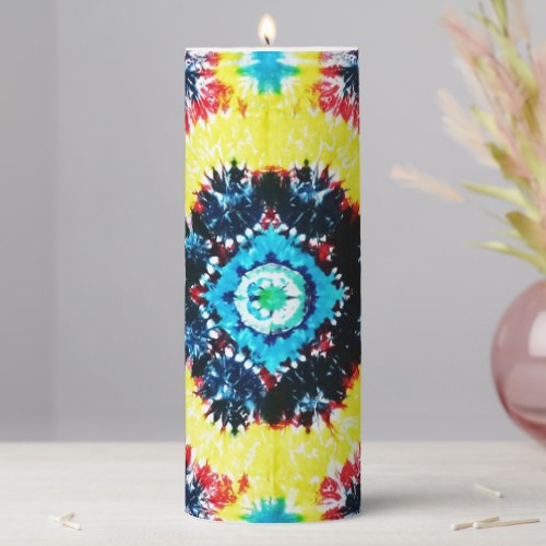Boho Tie_Dyed Folk Art Vibrant Rainbow Colors Pillar Candle