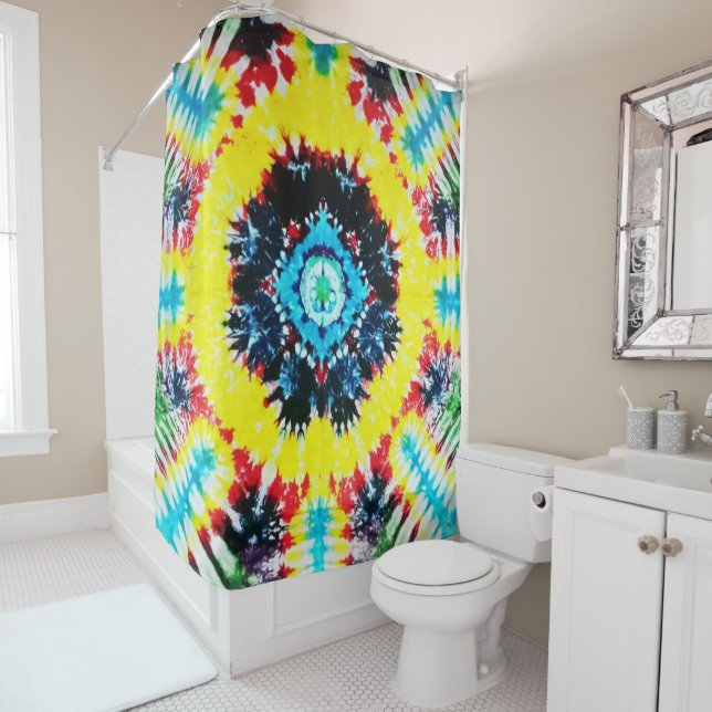 Boho Tie-dyed Folk Art Vibrant Rainbow Colors Shower Curtain (In Situ)