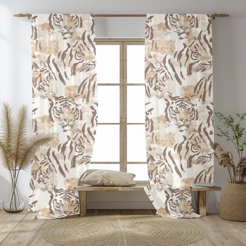 Boho Tiger Animal Print in Soft Beige And Brown Sheer Curtains