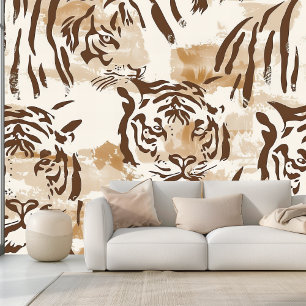 Boho Tiger Animal Print in Soft Beige and Brown Wallpaper