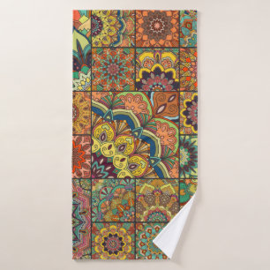 Boho tile set and seamless pattern. Colorful patch Bath Towel