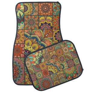 Boho tile set and seamless pattern. Colorful patch Car Floor Mat