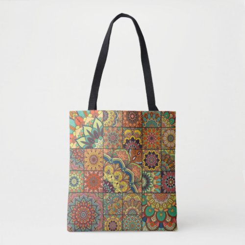 Boho tile set and seamless pattern Colorful patch Tote Bag