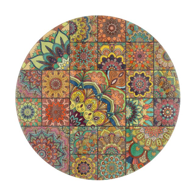 Boho tiles: colorful patchwork seamless pattern cutting board (Front)