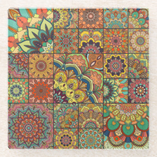 Boho tiles: colorful patchwork seamless pattern glass coaster