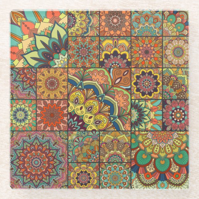 Boho tiles: colorful patchwork seamless pattern glass coaster (Front)