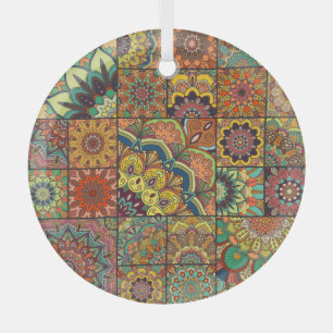 Boho tiles: colorful patchwork seamless pattern glass ornament